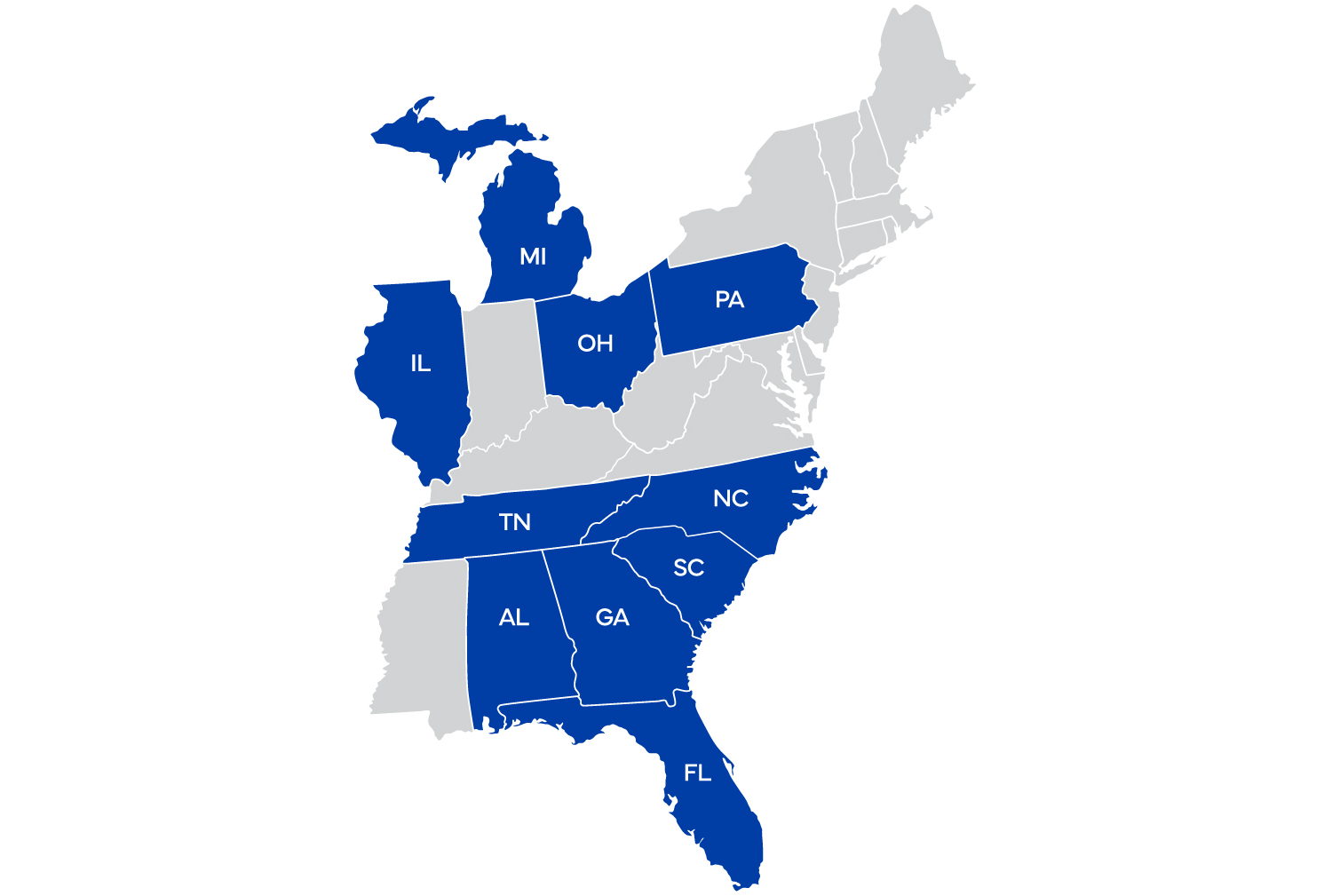 map of eastern side of the USA